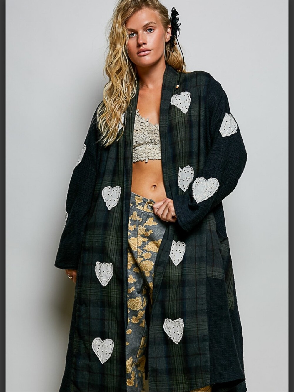 #1908 POL Heart & Soul Plaid Patchwork Duster – Midnight Forest